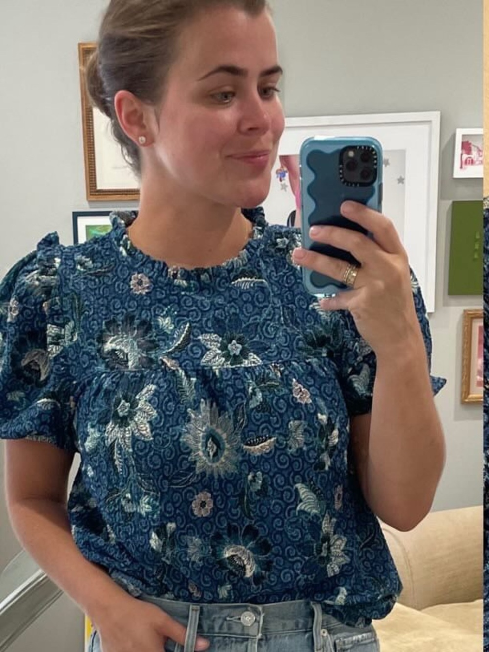 LOFT Navy Floral Puff-Sleeve Tunic Top
